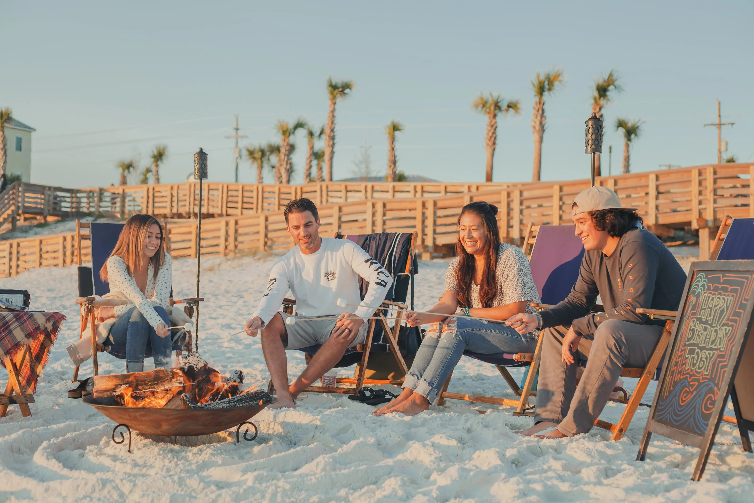 Private beach bonfire setup on the Gulf Coast